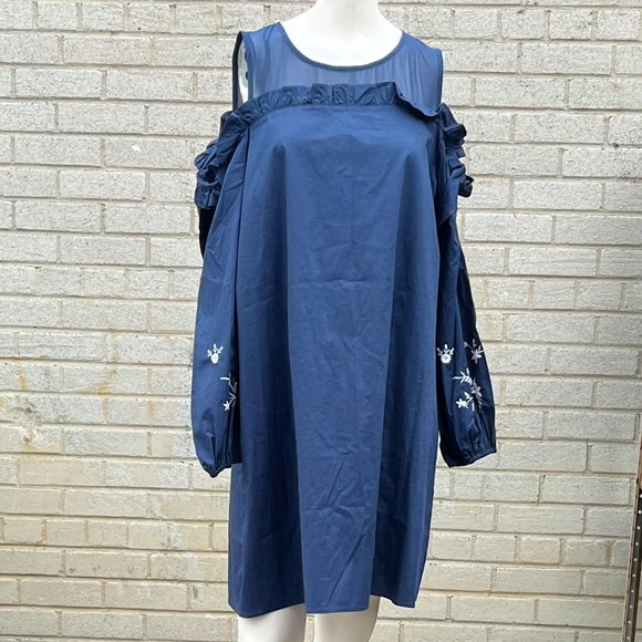 CeCe Cold Shoulder Floral Embroidered Shift Dress Blue Size 14 NWOT - Picture 2 of 5